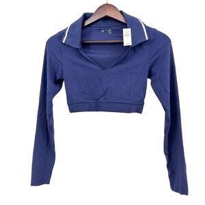 NWT Offline by Aerie Long Sleeve Cropped Collared Polo Shirt Navy Blue Small